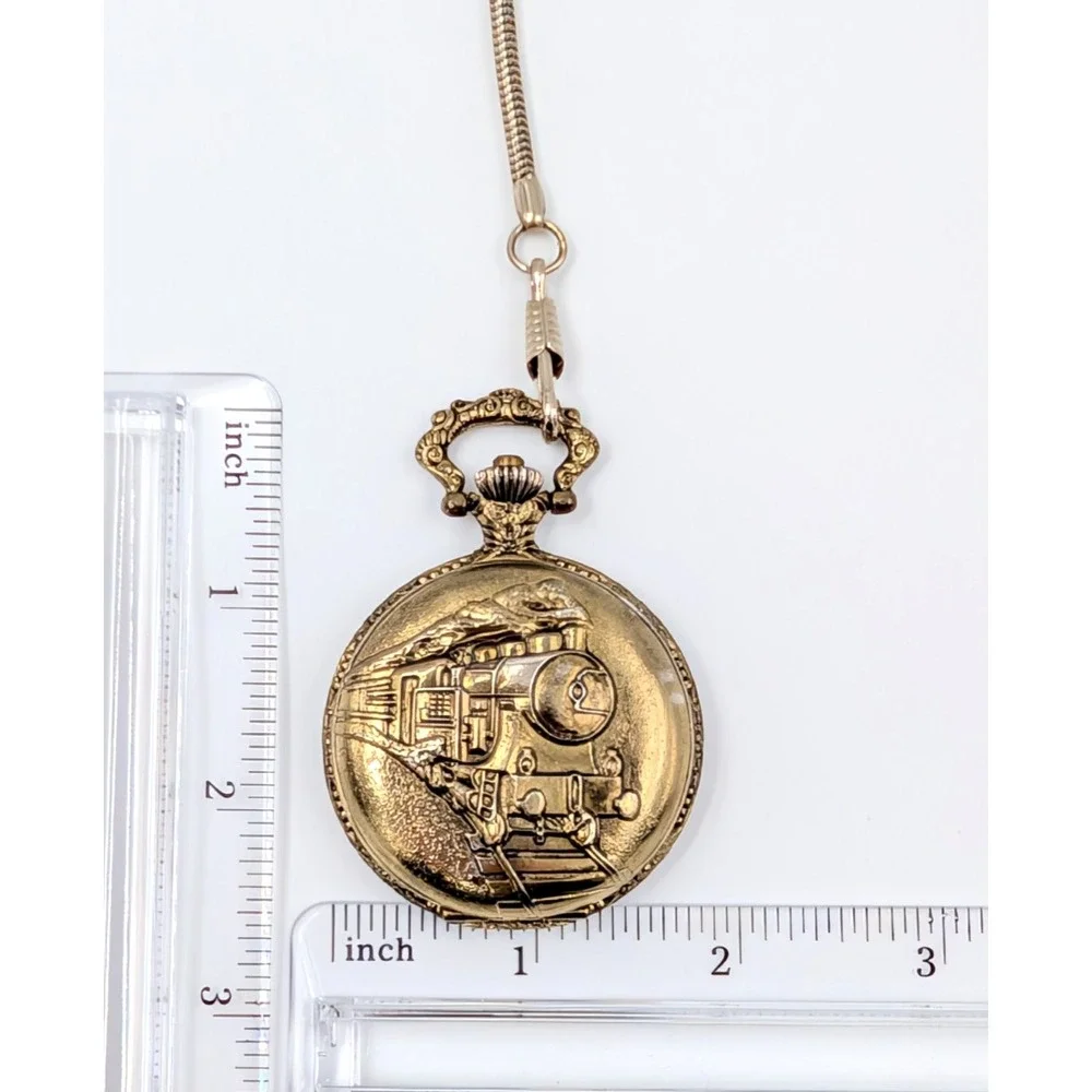 Vintage Train Pocket Watch Gold Tone Steam Engine‎ Snake Chain Steampunk